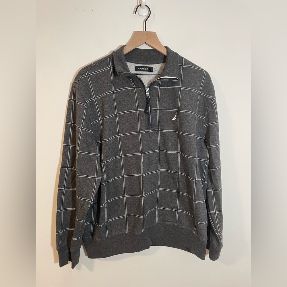 Nautica 1/4 Zip Windowpane Gray White Sweater Sweatshirt Pullover Size Large